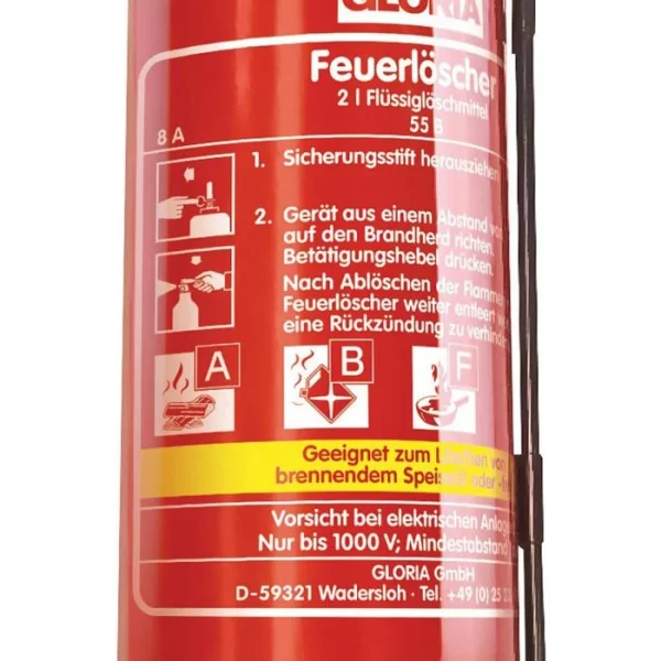 Gloria Feuerlöscher FBDP 2, 2 Liter, 8A, 55B, 40F, Fettbrand, Schaum, Frostsicher 5
